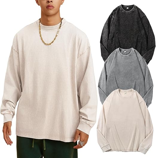 Arssm Mens Oversized T-Shirts Cotton Long Sleeve Tshirts Vintage