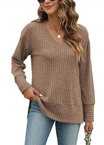 Womens Sweaters Long Sleeve V Neck Shirts Loose Casual Fashion Tops